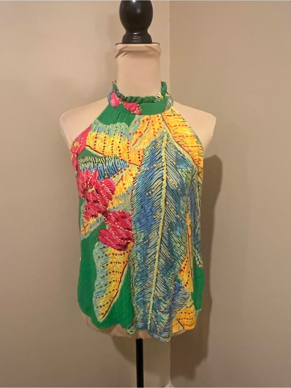 Cynthia Rowley Green Tropical Halter Camisole Yellow, Blue & Pink Print, small